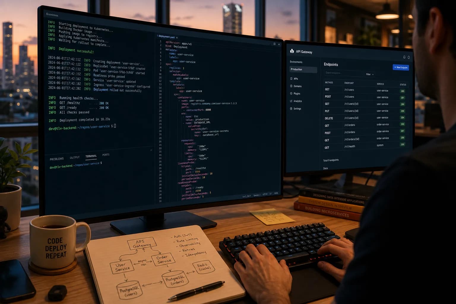 מפתח backend מול שני מסכים עם לוגים של פריסת API ולוח בקרה של endpoints במשרד טכנולוגי