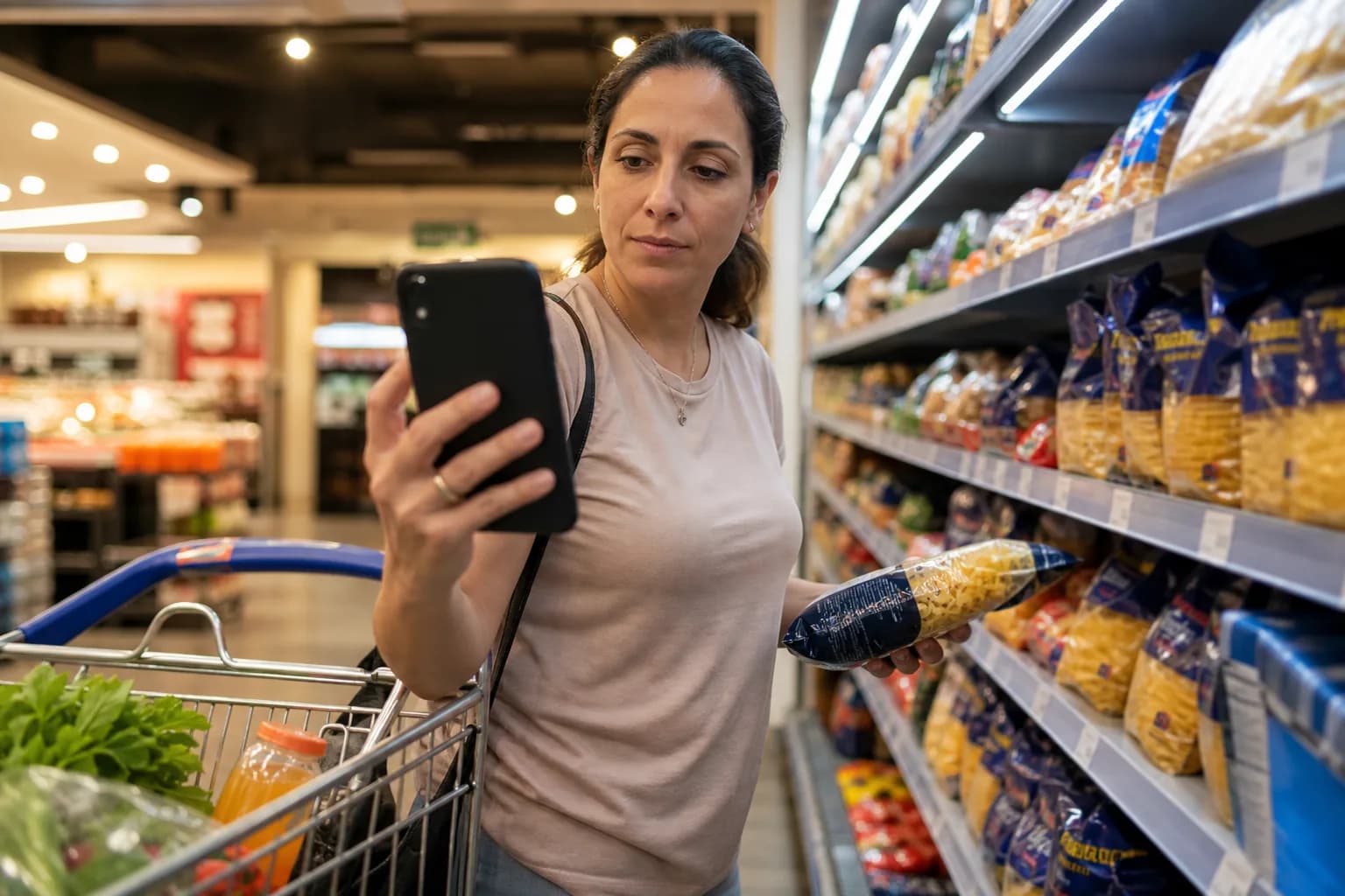 לקוחה משווה מוצר בסופרמרקט באמצעות הסמארטפון, עגלת קניות לצידה