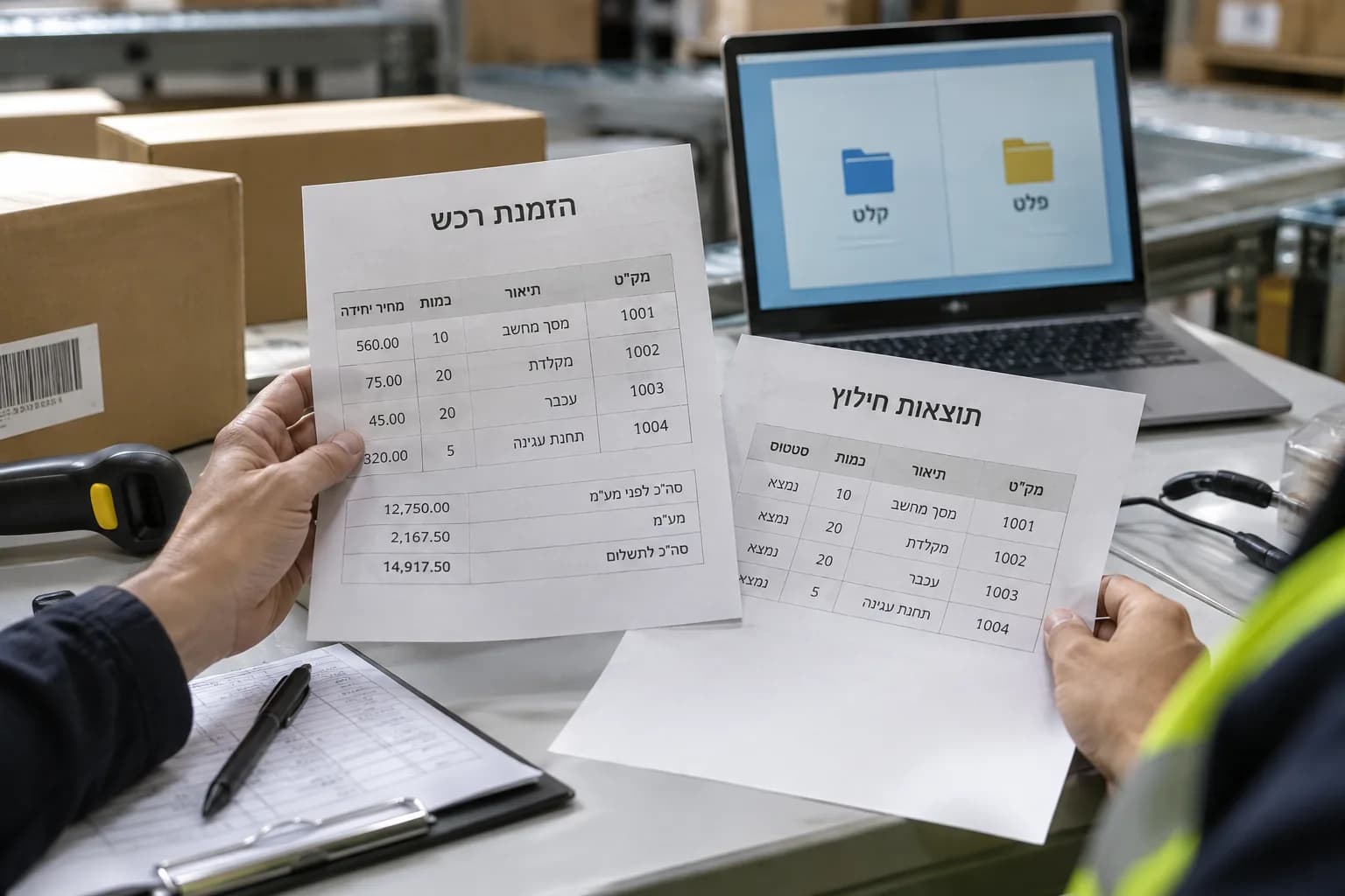 שולחן בדיקה עם הזמנת רכש מלאכותית בעברית ודף תוצאות חילוץ, לצד מסך המציג תיקיות קלט ופלט נפרדות