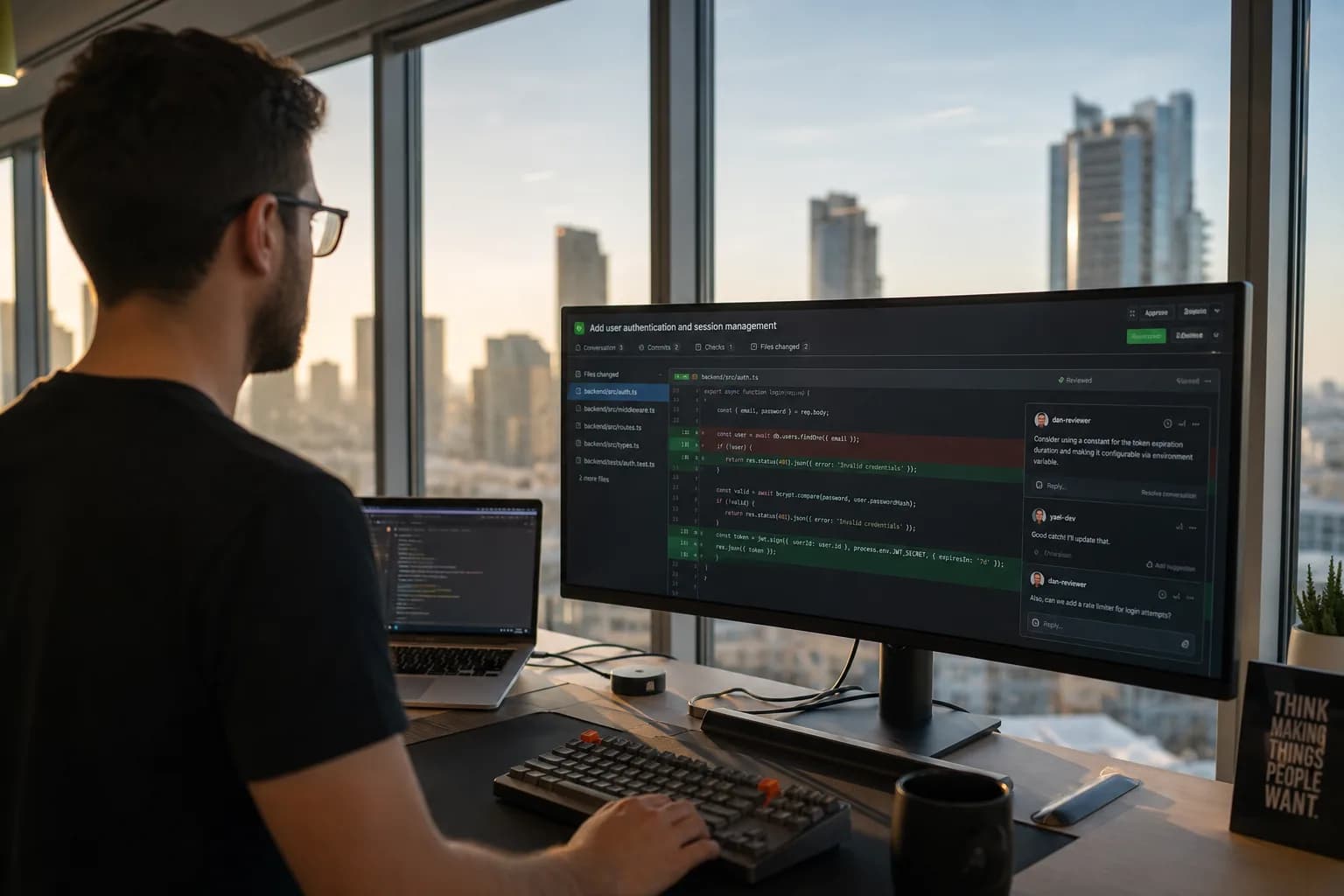 מפתח בוחן pull request עם הערות סקירת קוד אוטומטיות על מסך רחב במשרד הייטק