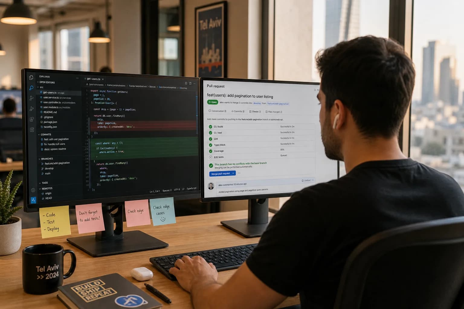 מפתח יושב מול שני מסכים עם עורך קוד ותצוגת Pull Request במשרד טכנולוגי