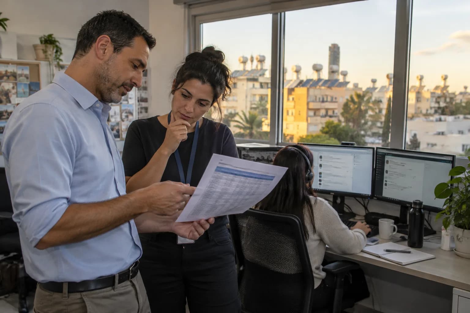 מנהלת רכש ומנהל מוקד משווים פתרונות תוכנה ליד עמדת שירות במשרד בתל אביב
