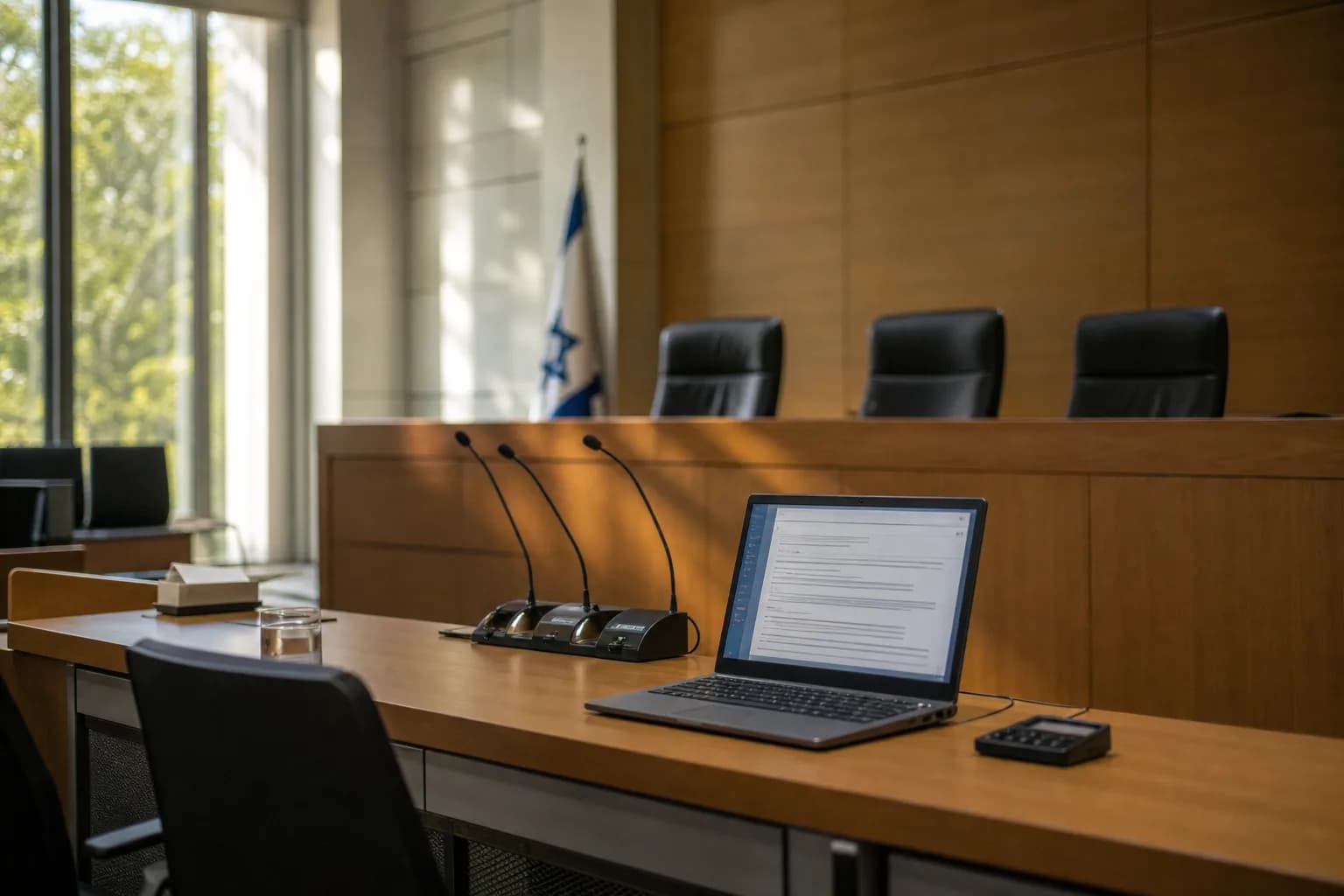 אולם בית משפט מודרני עם מערך מיקרופונים ומחשב נייד המציג תמליל על שולחן המזכיר