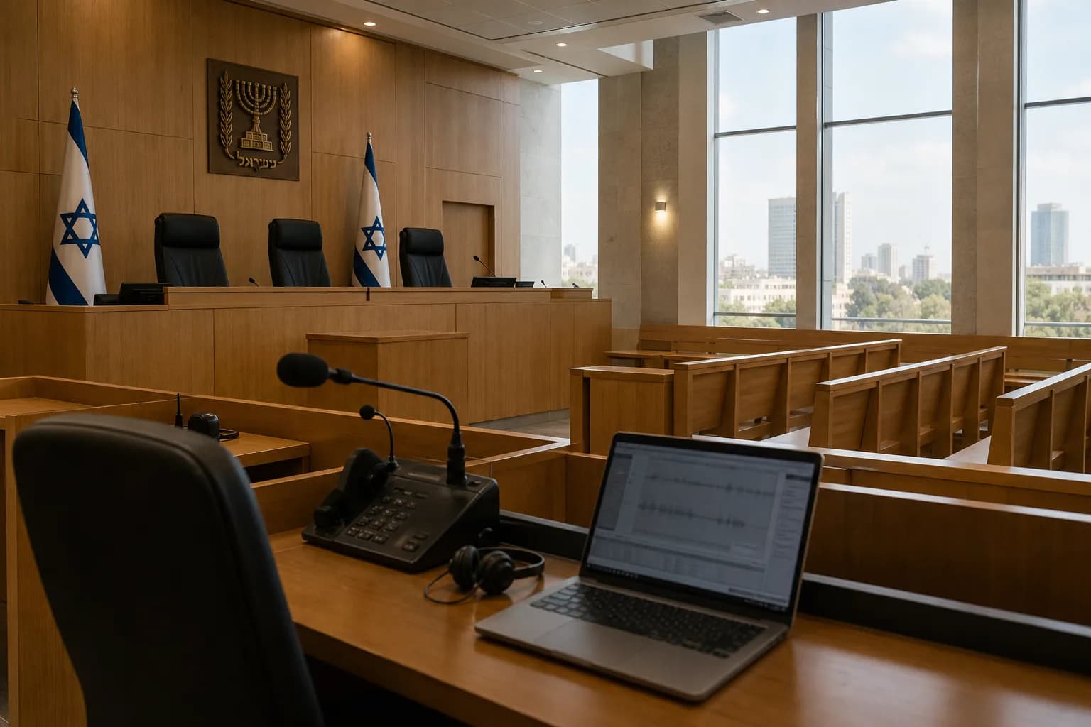 אולם בית משפט מודרני עם עמדת קלדנות ובה מיקרופון מקצועי ומחשב נייד לתמלול