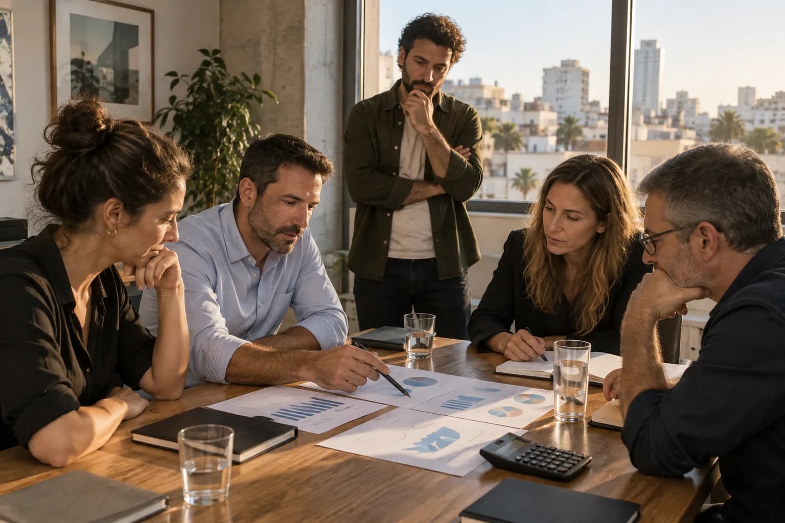 פגישת השקעות במשרד בתל אביב, עם יזמים ומשקיעים הבוחנים מסמכים סביב שולחן