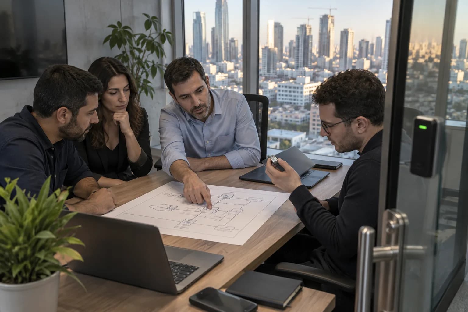מנהלי טכנולוגיה ונציג אינטגרציה בוחנים תרשים מערכות בחדר ישיבות בתל אביב
