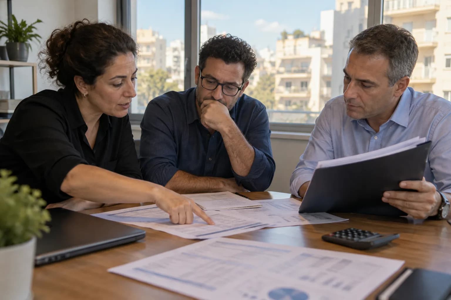 מנהלת רכש, איש מערכות מידע ואשת כספים בוחנים הצעת ספק בחדר ישיבות בתל אביב