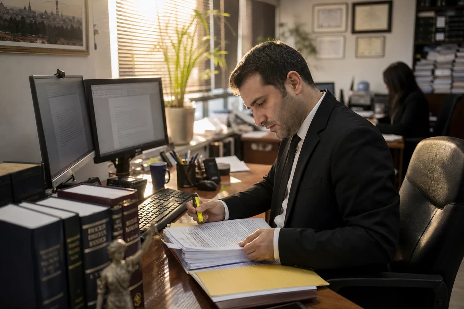 עורך דין בוחן מסמך משפטי מודפס לצד מסך מחשב במשרד עורכי דין