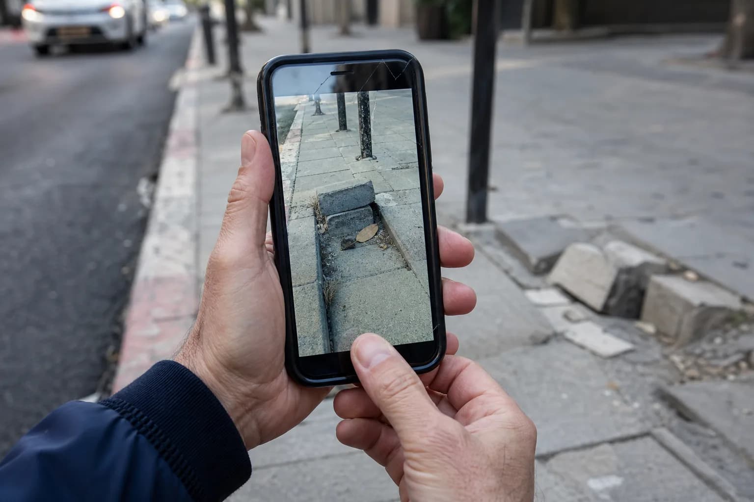 יד אוחזת סמארטפון ומצלמת מדרכה שבורה ברחוב עירוני לצורך דיווח מפגע