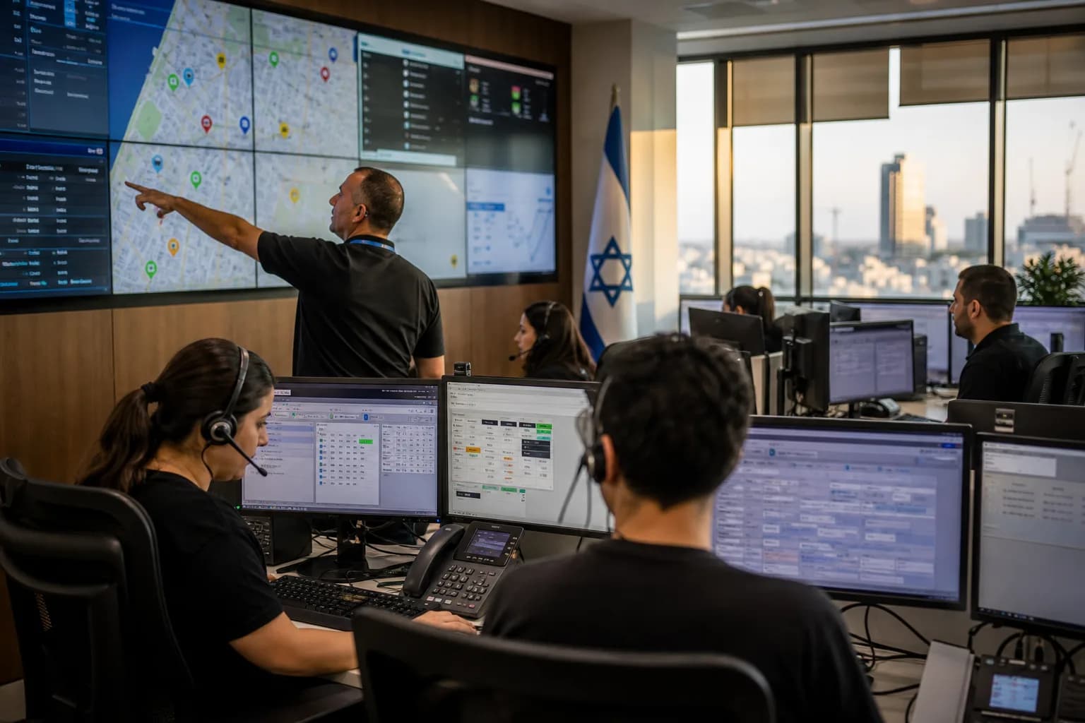 מוקד עירוני מודרני עם נציגים באוזניות ומסכי מפה גדולים המציגים אירועים בעיר