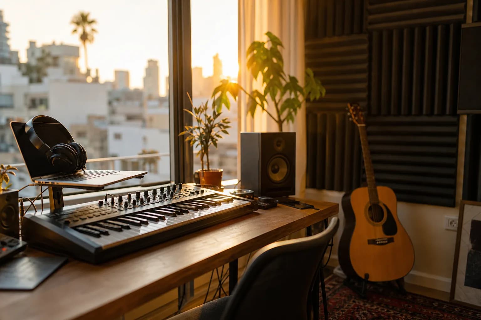 אולפן ביתי של מפיק מוזיקה עם מקלדת MIDI, מוניטורים ואוזניות באור שקיעה