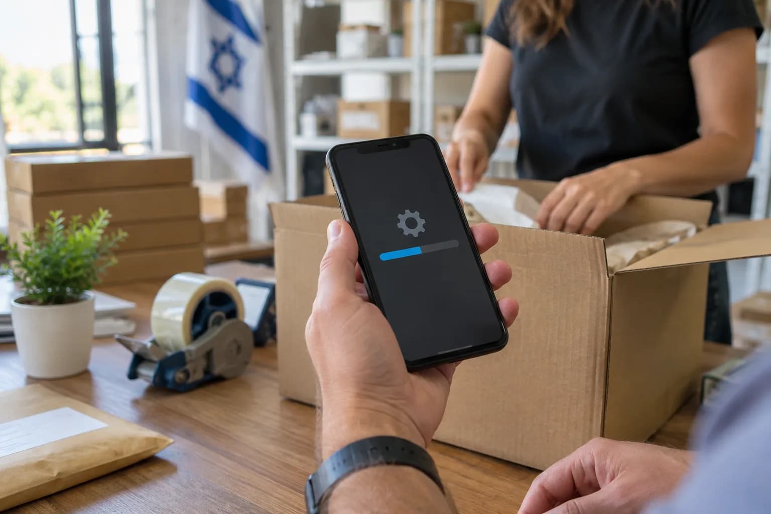 טלפון מציג חלון תחזוקה ללא טקסט קריא לצד עמדת אריזה בחנות מקוונת קטנה בישראל