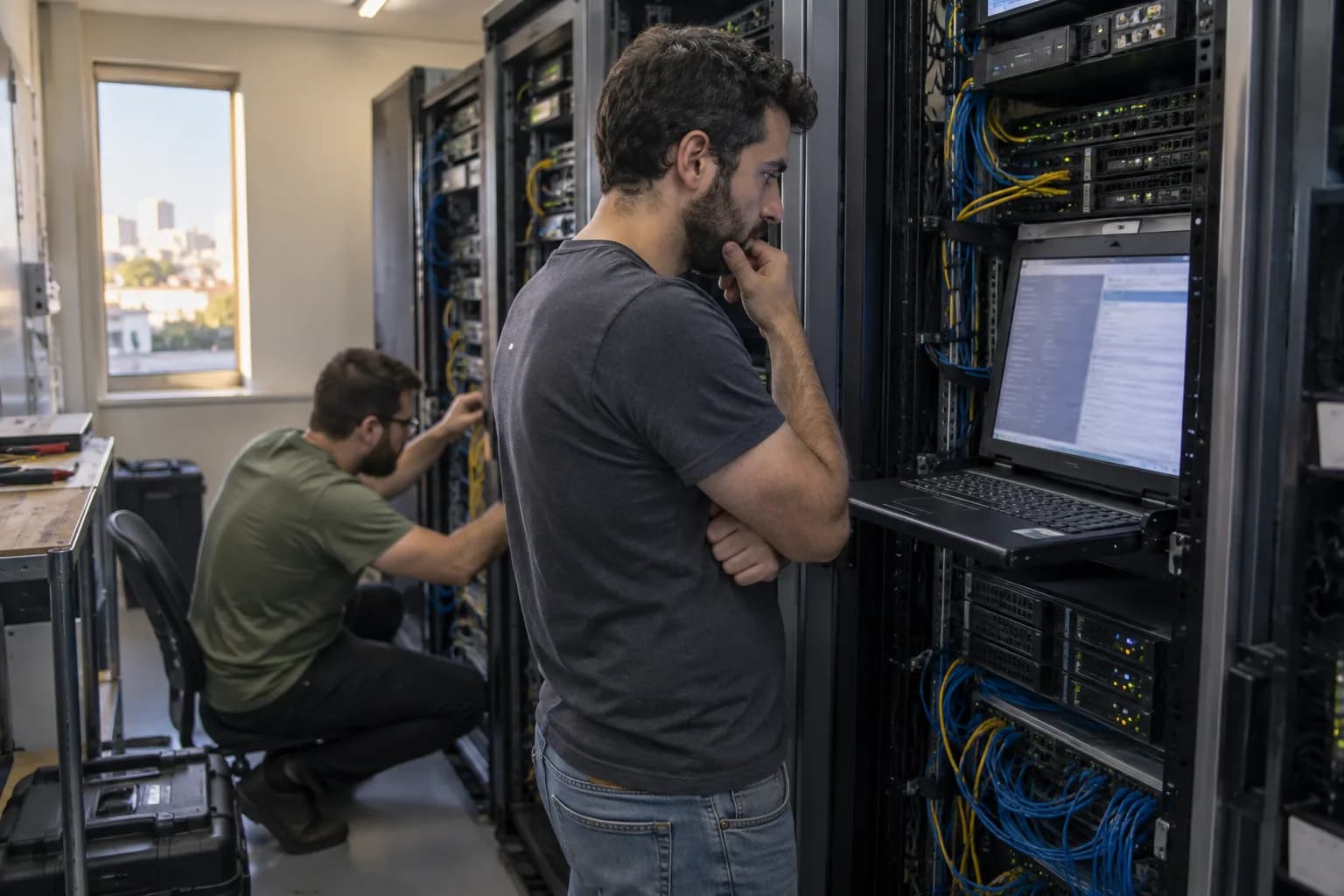 אנשי תשתיות בודקים שרתים וקונסולת תחזוקה בחדר שרתים של חברת אחסון אתרים