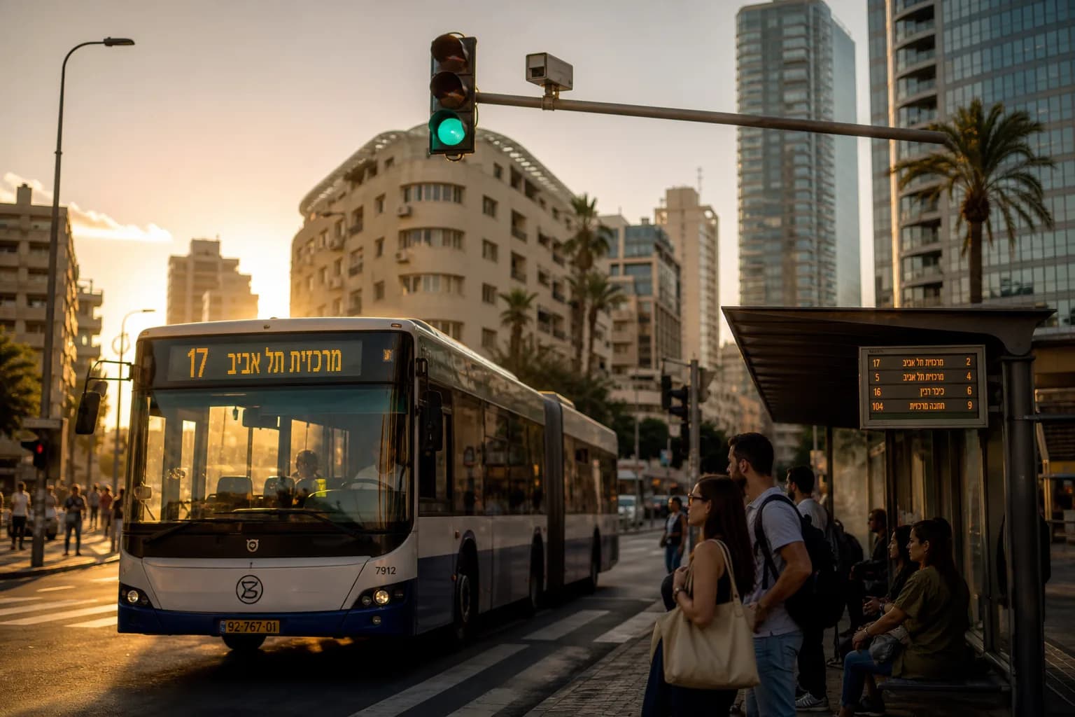 אוטובוס עירוני חולף בצומת סואן בתל אביב תחת רמזור עם חיישן חכם