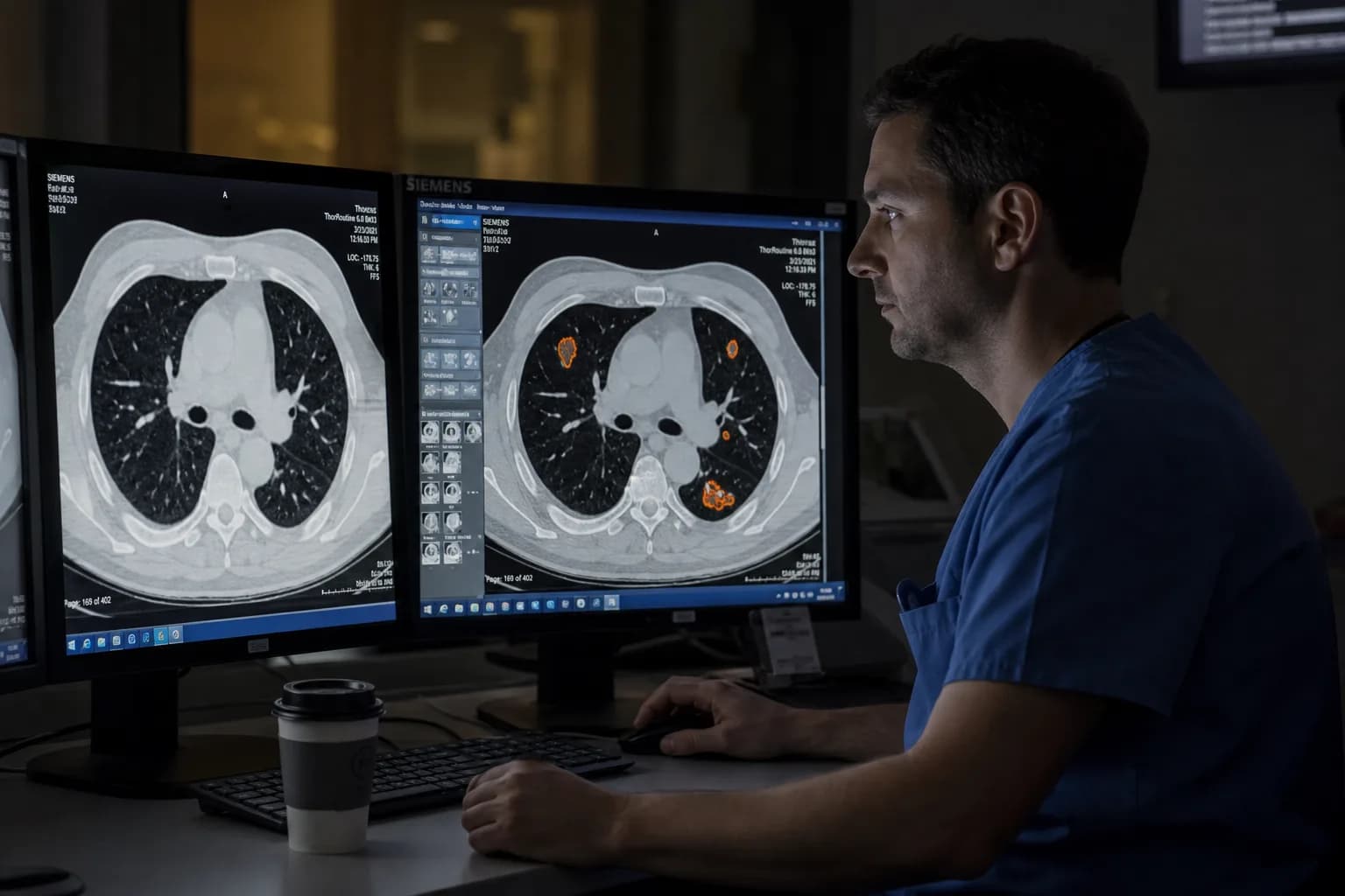 רדיולוג בוחן סריקת CT על מסכים אבחוניים בחדר פענוח בבית חולים