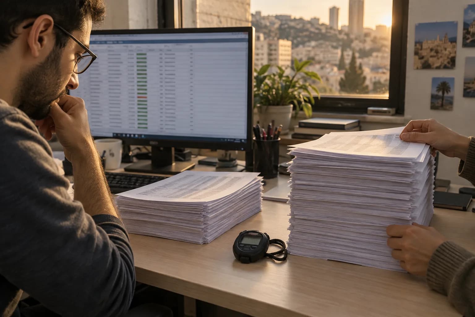צוות בדיקות תוכנה משווה שתי ערימות פלט באור חלון, לצד מסך תוצאות ושעון עצר