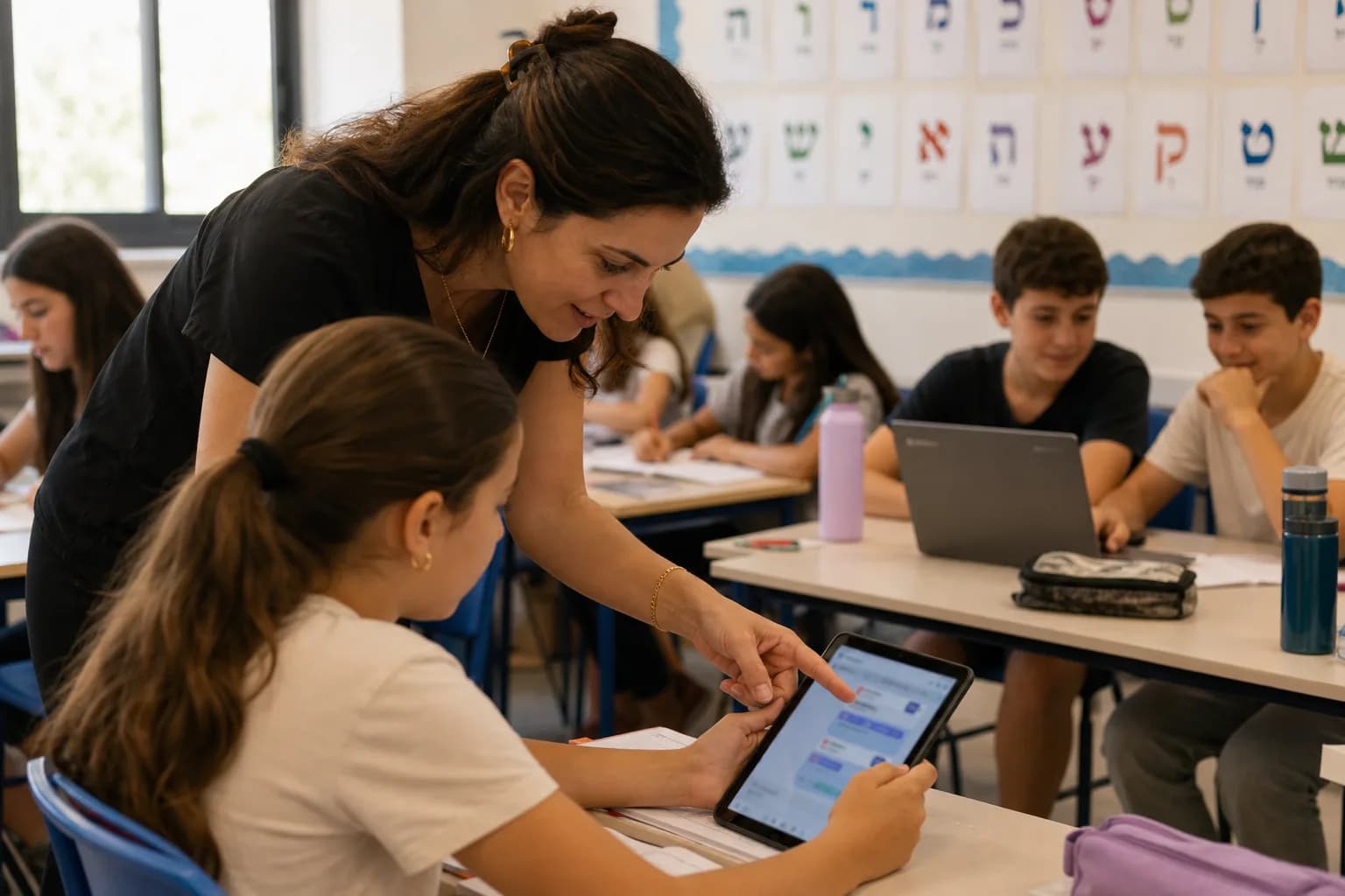 מורה מסייעת לתלמיד שעובד עם עוזר למידה דיגיטלי בטאבלט בכיתה