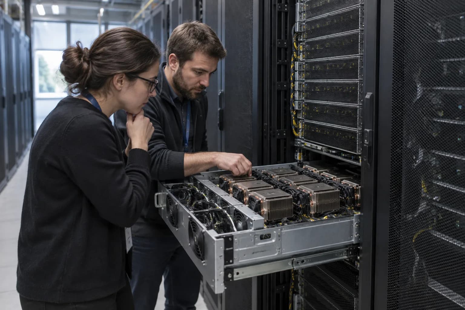 חוקרת וטכנאי בוחנים שרת GPU פתוח בחדר מחשוב אוניברסיטאי