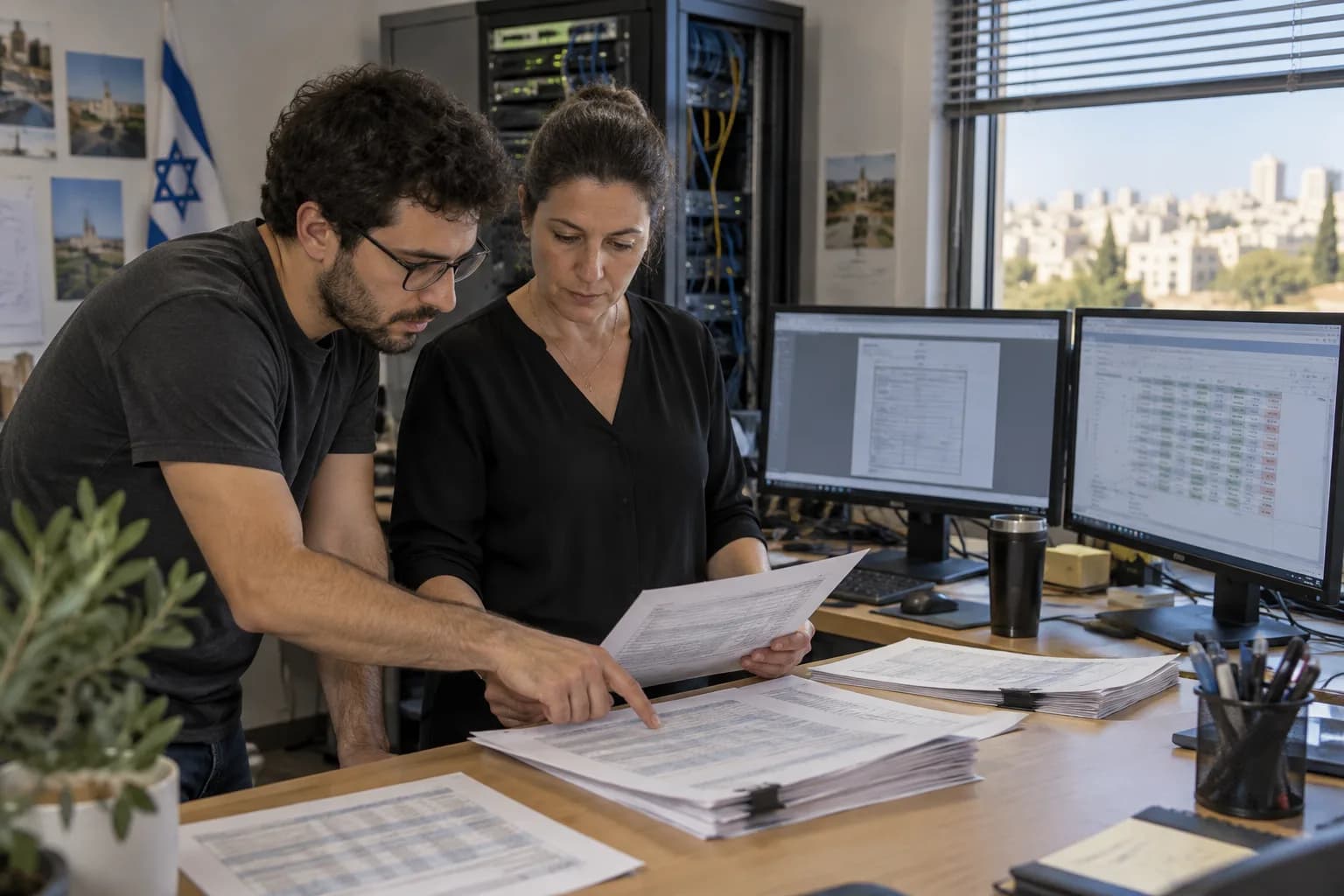 מהנדסת למידת מכונה ואיש תפעול שכר בוחנים מסמכים ותוצאות הערכה במעבדת AI משרדית