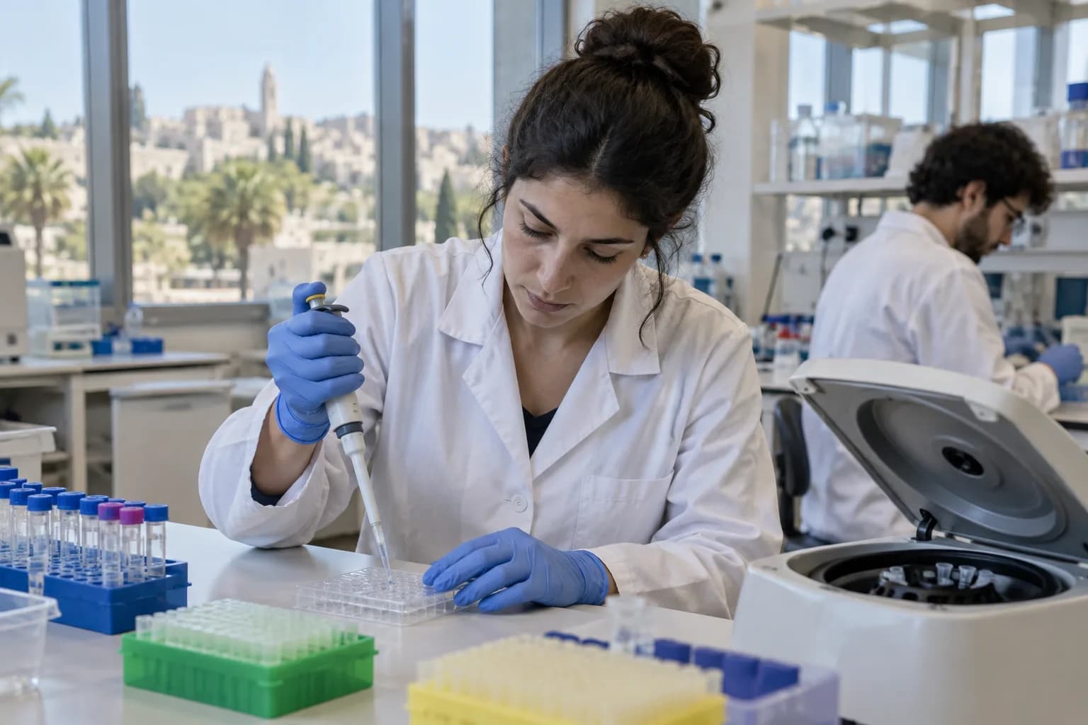 חוקרת במעבדת גנטיקה מעבירה נוזל לצלחת ניסוי לצורך בדיקה ניסויית של שינויים ב־DNA