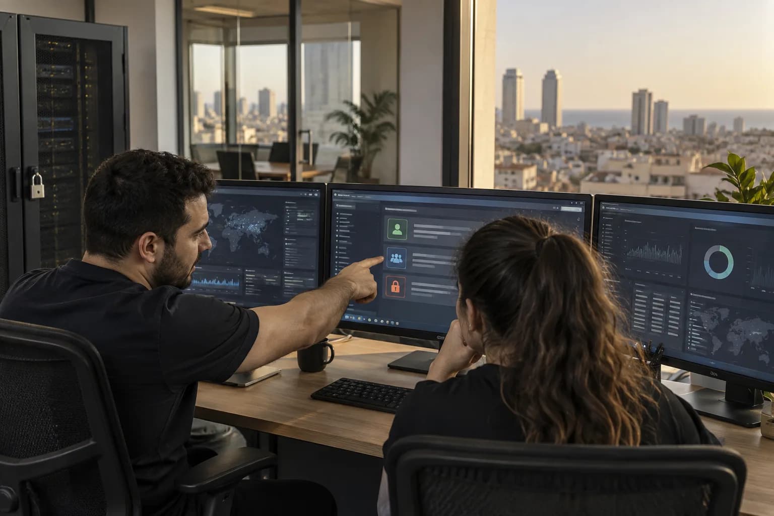 אנליסטים בחדר תפעול אבטחה בתל אביב בוחנים מסכי הרשאות, לצד ארון ציוד נעול