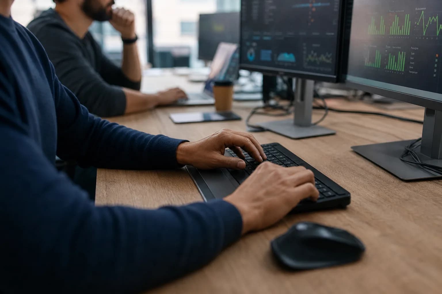 אנשי צוות DevOps יושבים מול מסכים עם לוחות ניטור של עומסי עבודה בענן בחדר בקרה של חברת טכנולוגיה
