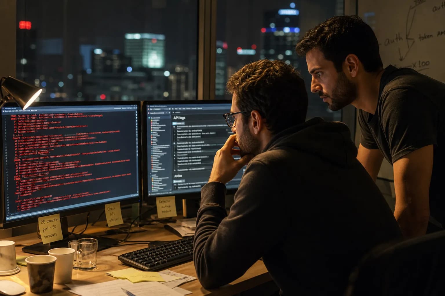 מפתחים בחברת סטארטאפ ישראלית בוחנים שגיאות API על מסכים בשעת לילה מאוחרת