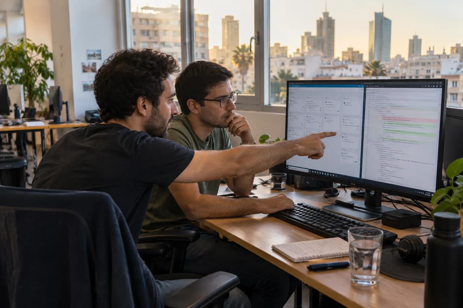 שני מפתחים במשרד בתל אביב בוחנים יחד משימת פיתוח ושינוי קוד על מסך משותף