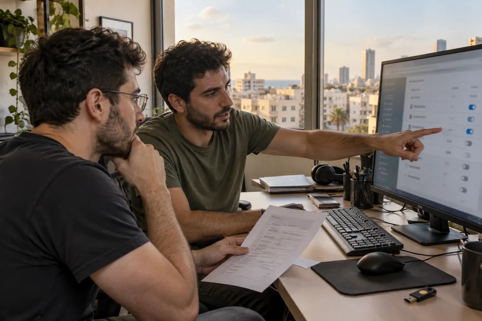 שני אנשי DevOps במשרד בתל אביב בוחנים יחד הגדרות גישה של אפליקציה למאגרי קוד