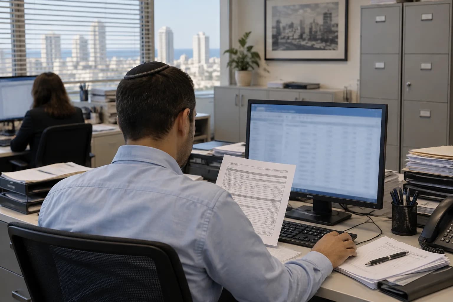 המחשה של עובד תפעול בבנק הבוחן מסמכי העברה בינלאומית מול מסך במשרד מאובטח