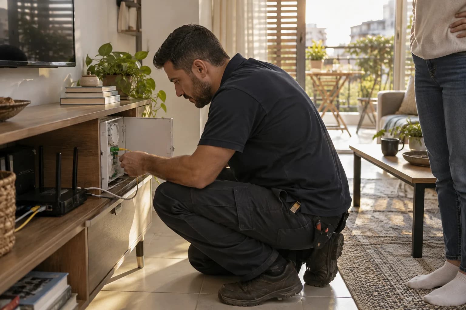 טכנאי תקשורת בודק חיבור סיב ונתב בדירה בישראל, לצד דייר המשקיף על הבדיקה