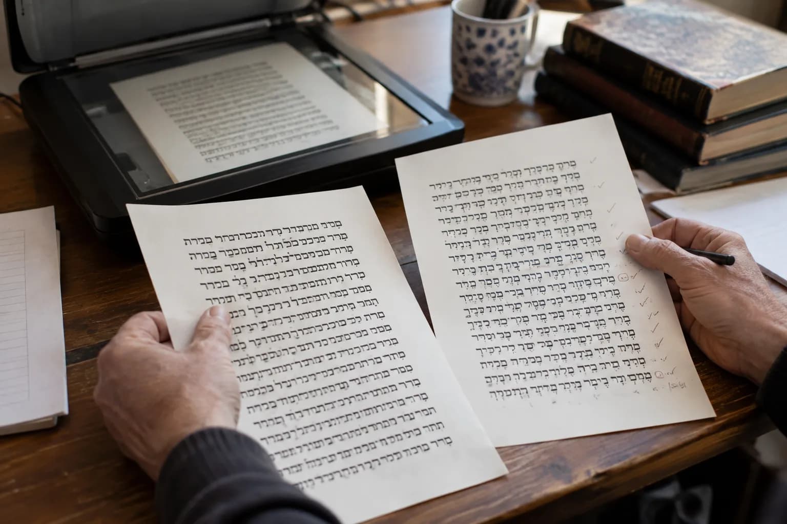 סורק שולחני ולצדו דפים בעברית מנוקדת ולא מנוקדת, עם סימוני בדיקה ידניים בשוליים