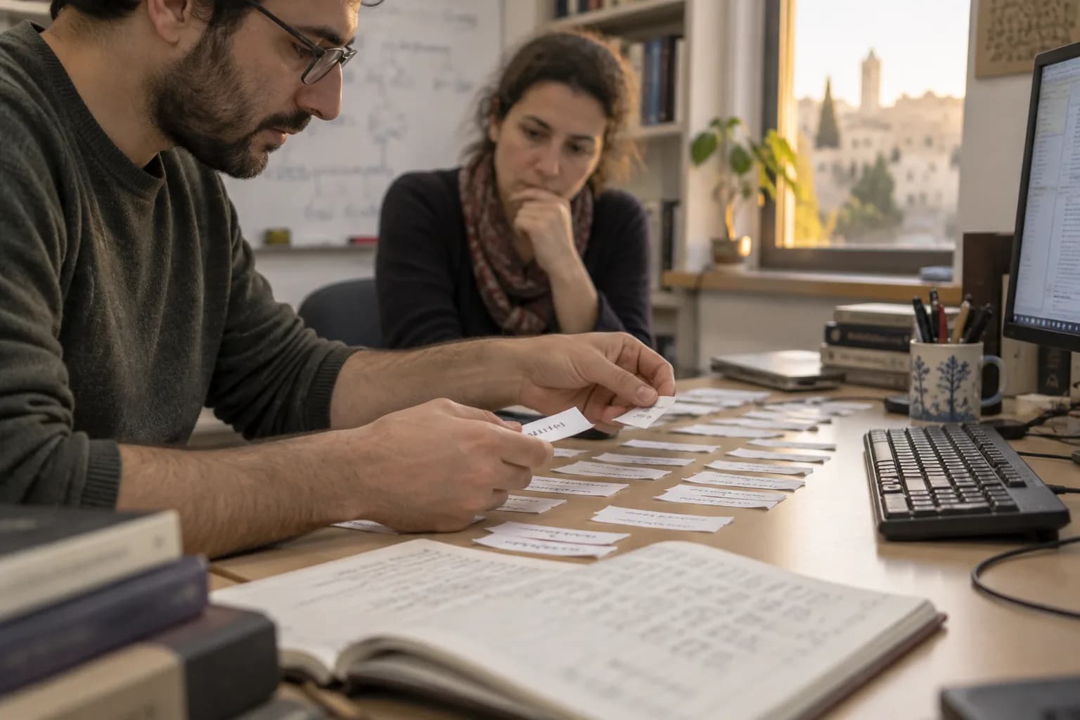 ידיים של חוקרת ממיינות פתקי רצפי תווים על שולחן במעבדה לחקר שפה, לצד מקלדת ומחברת