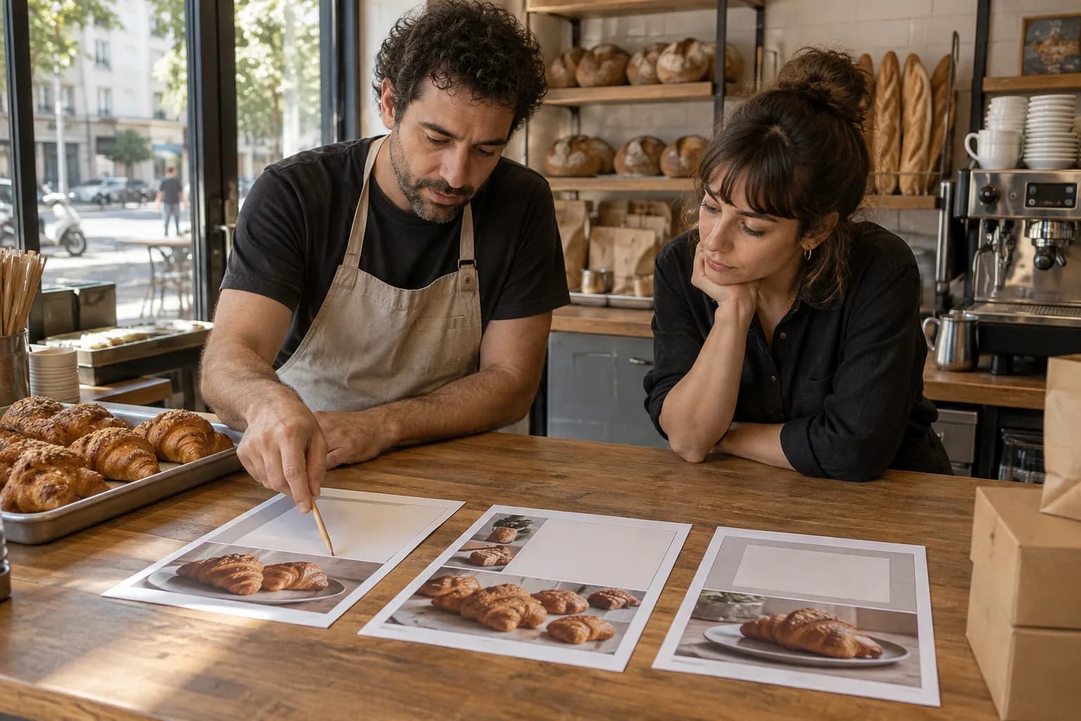 בעלת מאפייה ומעצבת בוחנות סקיצות מודפסות למודעות לצד מגש מאפים על דלפק