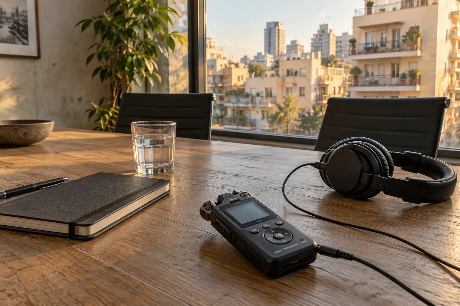 מקליט אודיו ואוזניות על שולחן בחדר ישיבות קטן, מול חלון המשקיף לבניינים בתל אביב