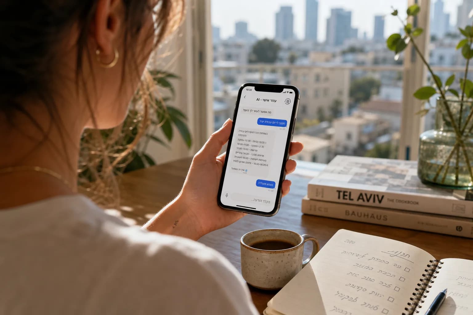 משתמשת ישראלית מקלידה שיחה בצ'אטבוט בסמארטפון ליד שולחן מטבח מואר