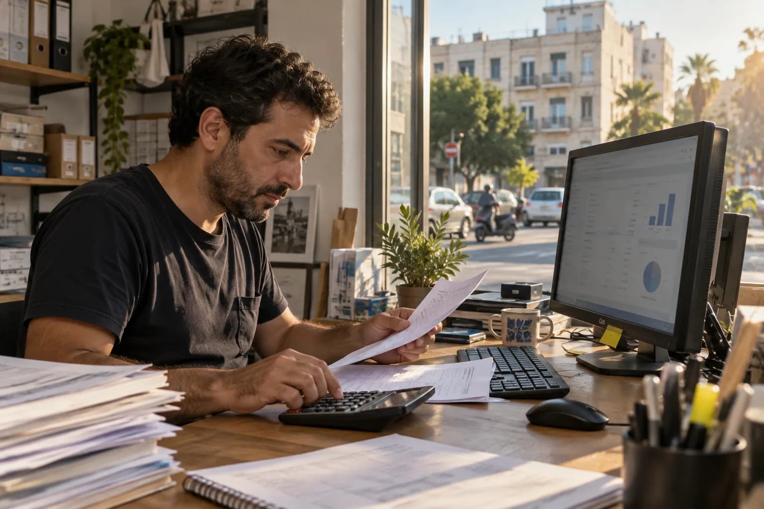 בעל עסק במשרד קטן משווה חשבוניות מול מחשבון ומסך עם טופס ותרשים