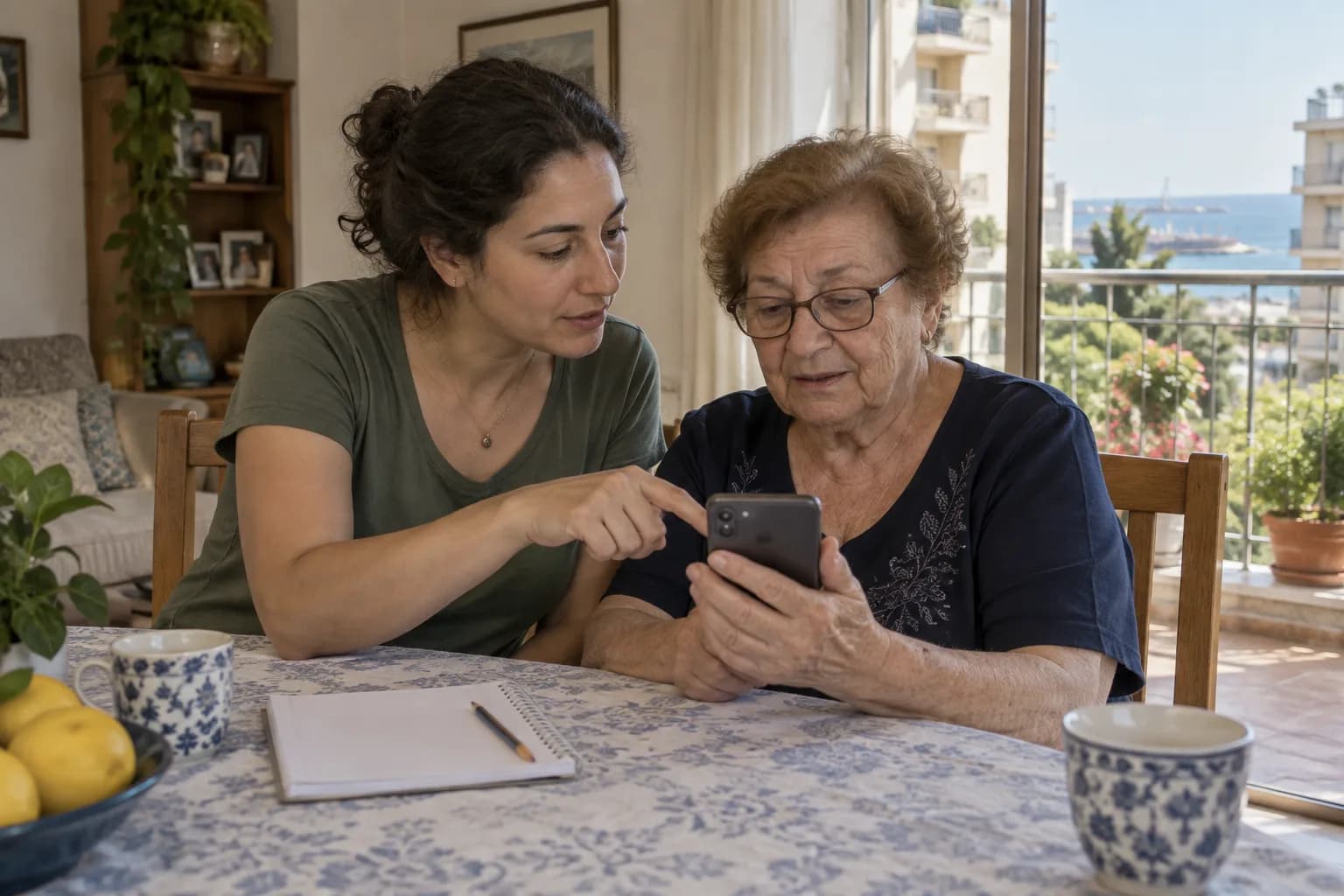 אישה מבוגרת מתרגלת שימוש בטלפון לצד בתה ליד שולחן אוכל בדירה בחיפה