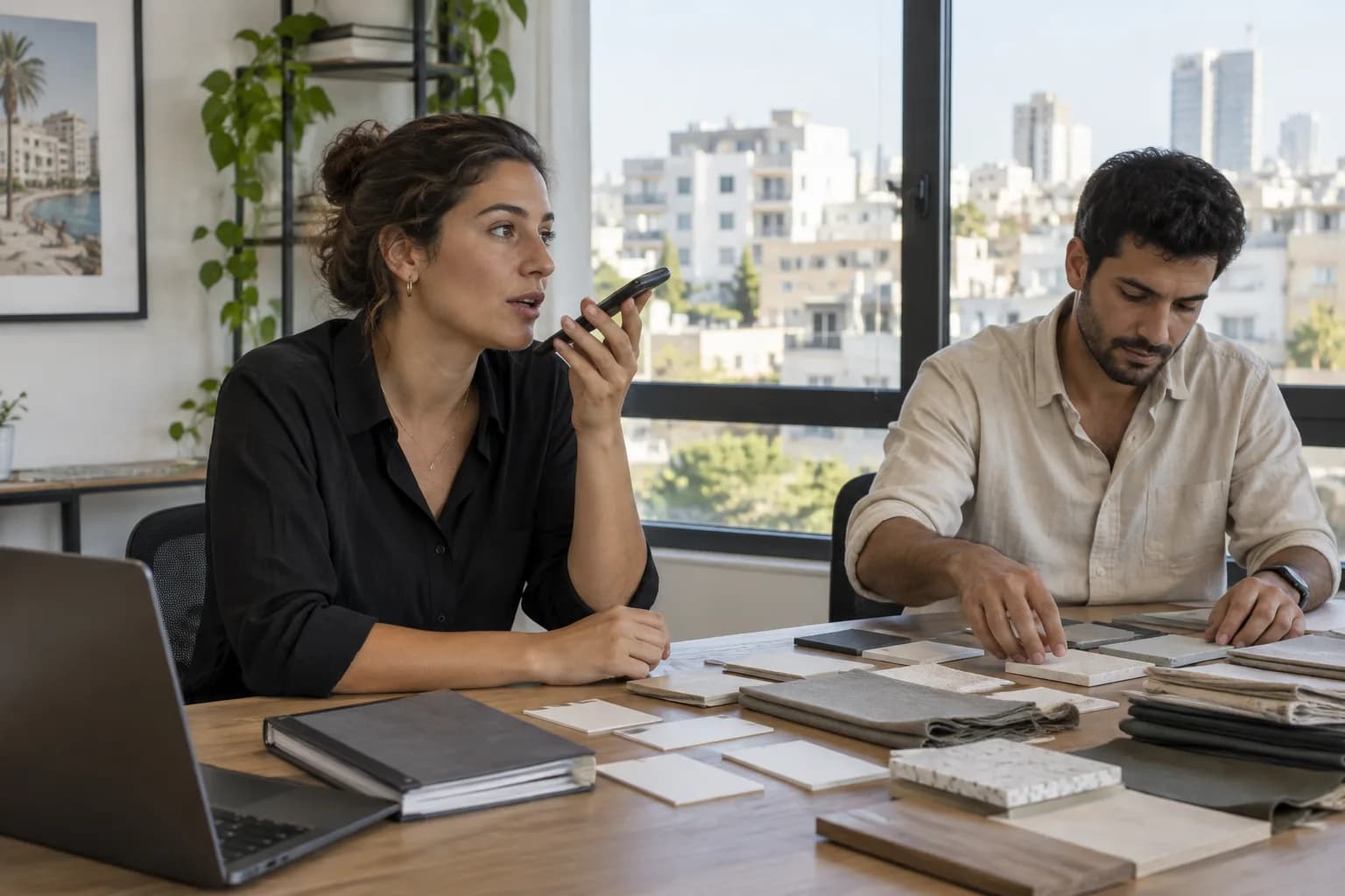 מנהלת פרויקט מדברת אל טלפון במשרד בתל אביב, לצד עמית שמסדר חומרי עבודה על שולחן