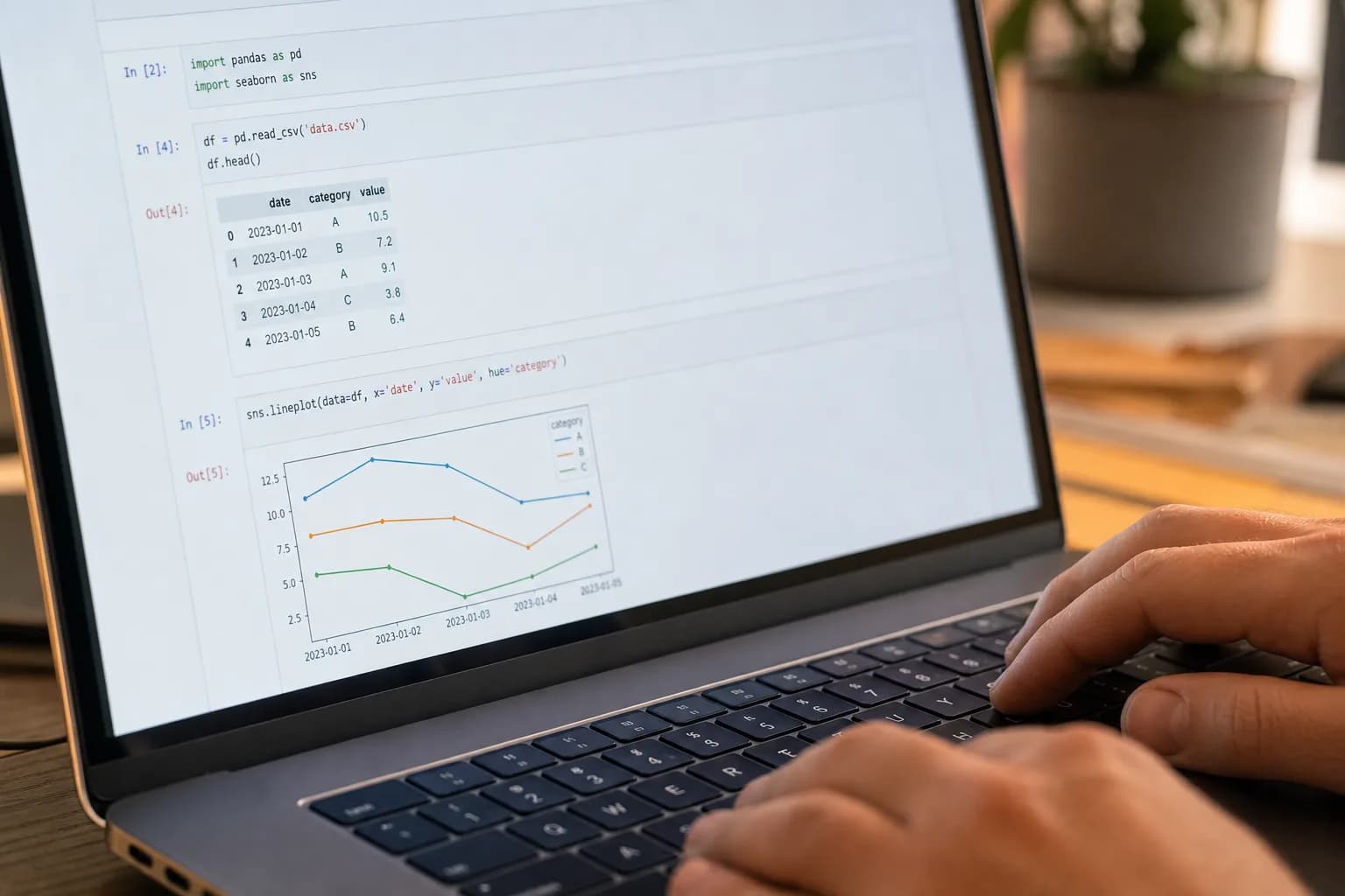 מסך לפטופ מקרוב עם מחברת Jupyter פתוחה ותאי קוד, יד על המקלדת