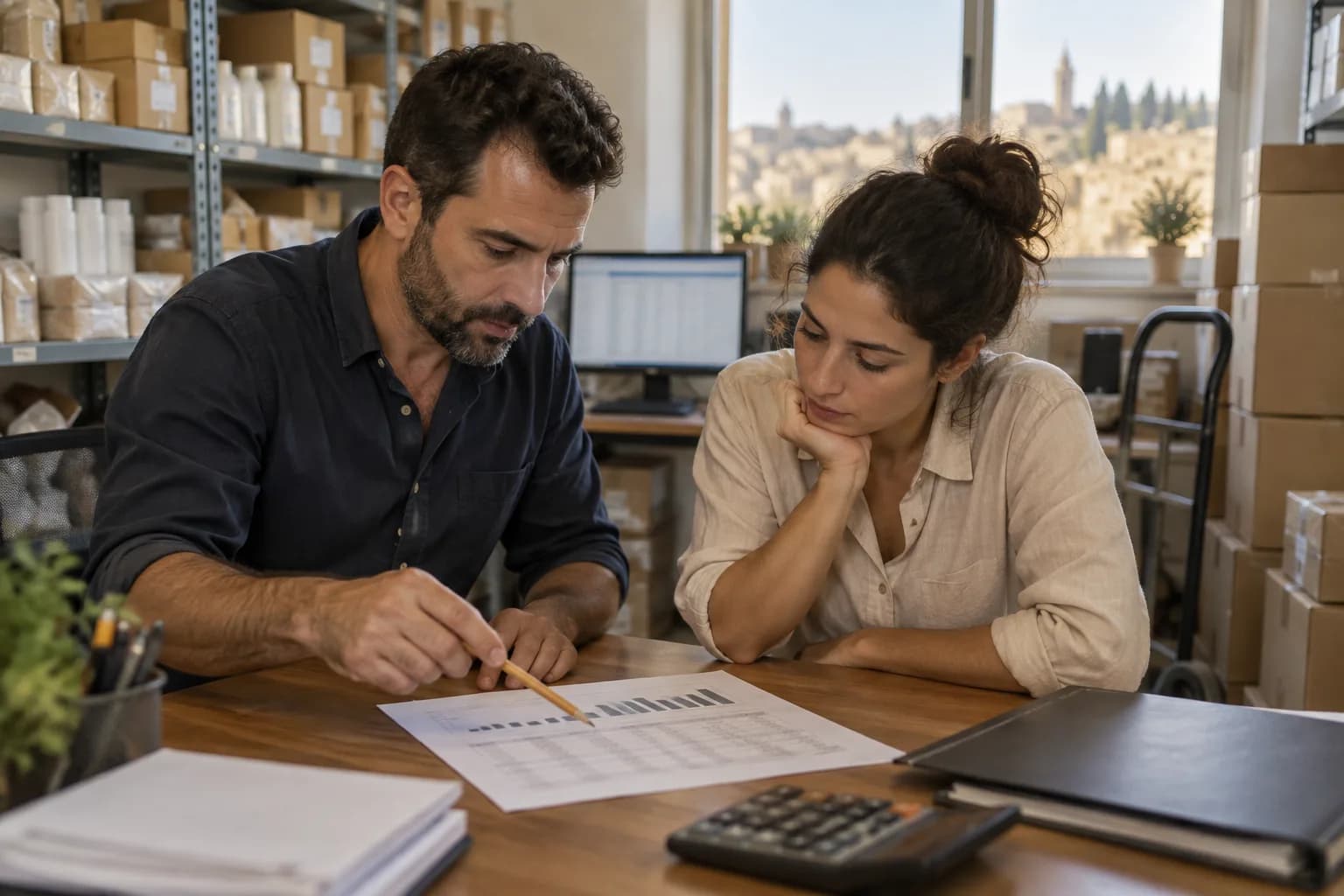 בעלת עסק ואיש תפעול בודקים דוח מכירות מודפס ליד ארגזי משלוחים במשרד קטן