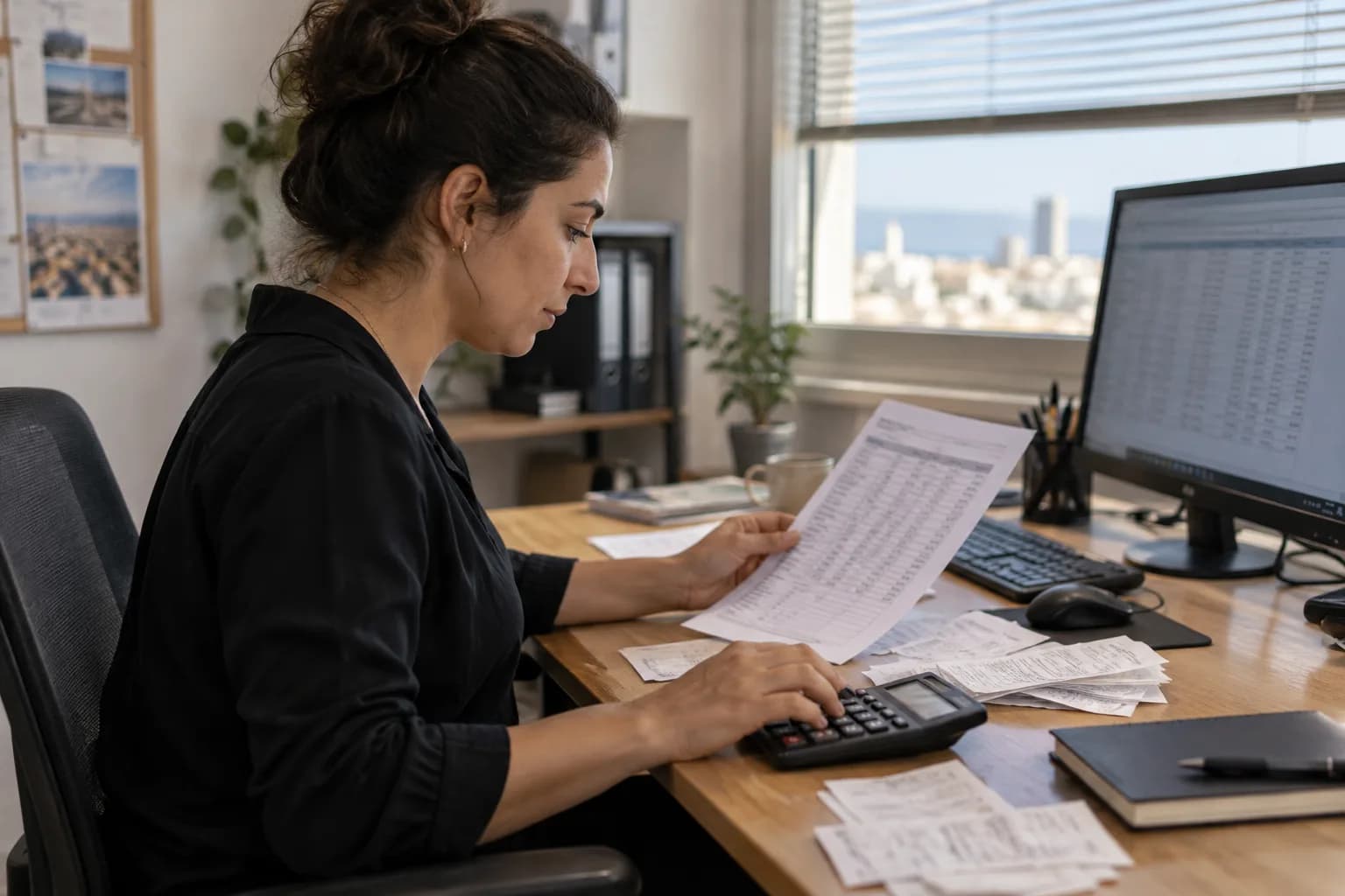 עובדת בעסק קטן משווה דוח על מסך לטבלה מודפסת בעזרת מחשבון