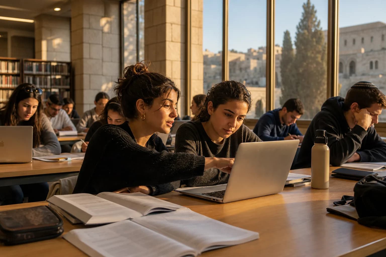 סטודנטים לומדים יחד עם מחשבים ניידים בספריית אוניברסיטה בישראל
