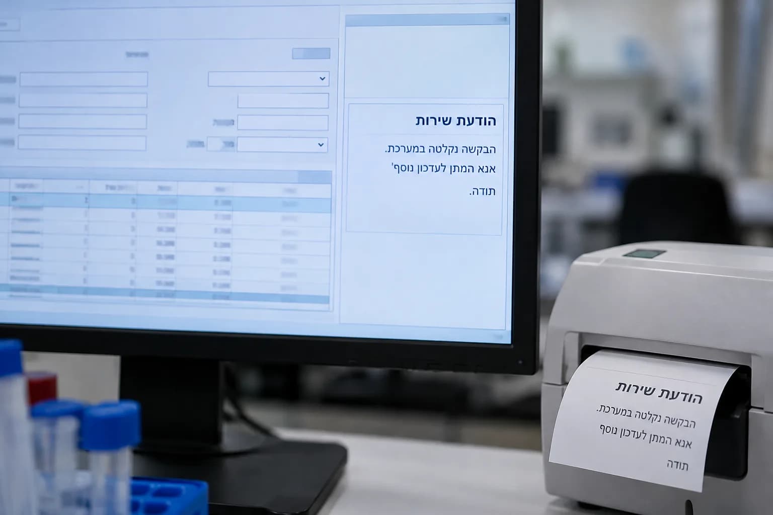 תקריב של מסך במעבדת תוכנה עם שדות נתונים מסודרים לצד הדפסה של הודעת שירות בעברית, ללא פרטים מזהים