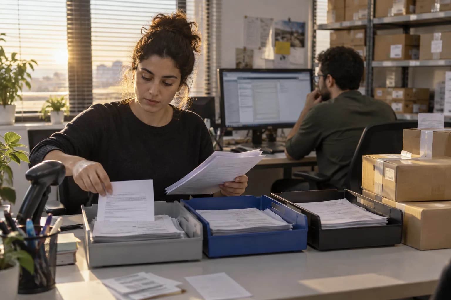 מנהלת תפעול ממיינת טופסי שירות במשרד של חנות מקוונת, לצד מגשי מסמכים וחבילות משלוח.