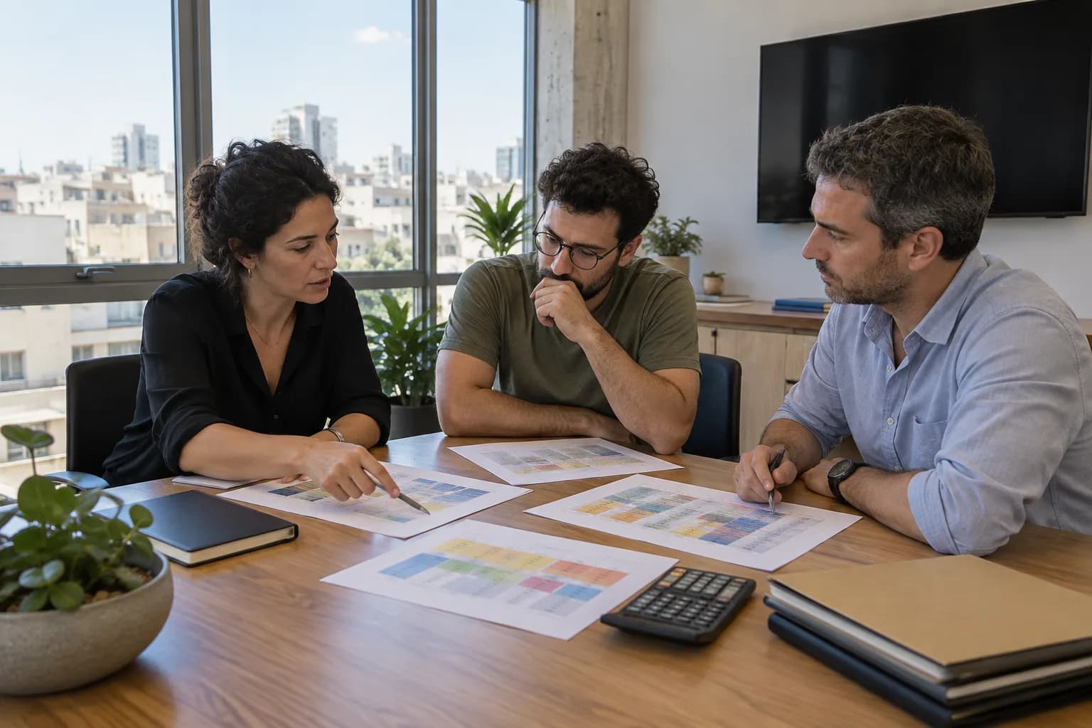 צוות בחברת תוכנה בתל אביב משווה חלופות לרכישת כלי עבודה סביב שולחן ישיבות