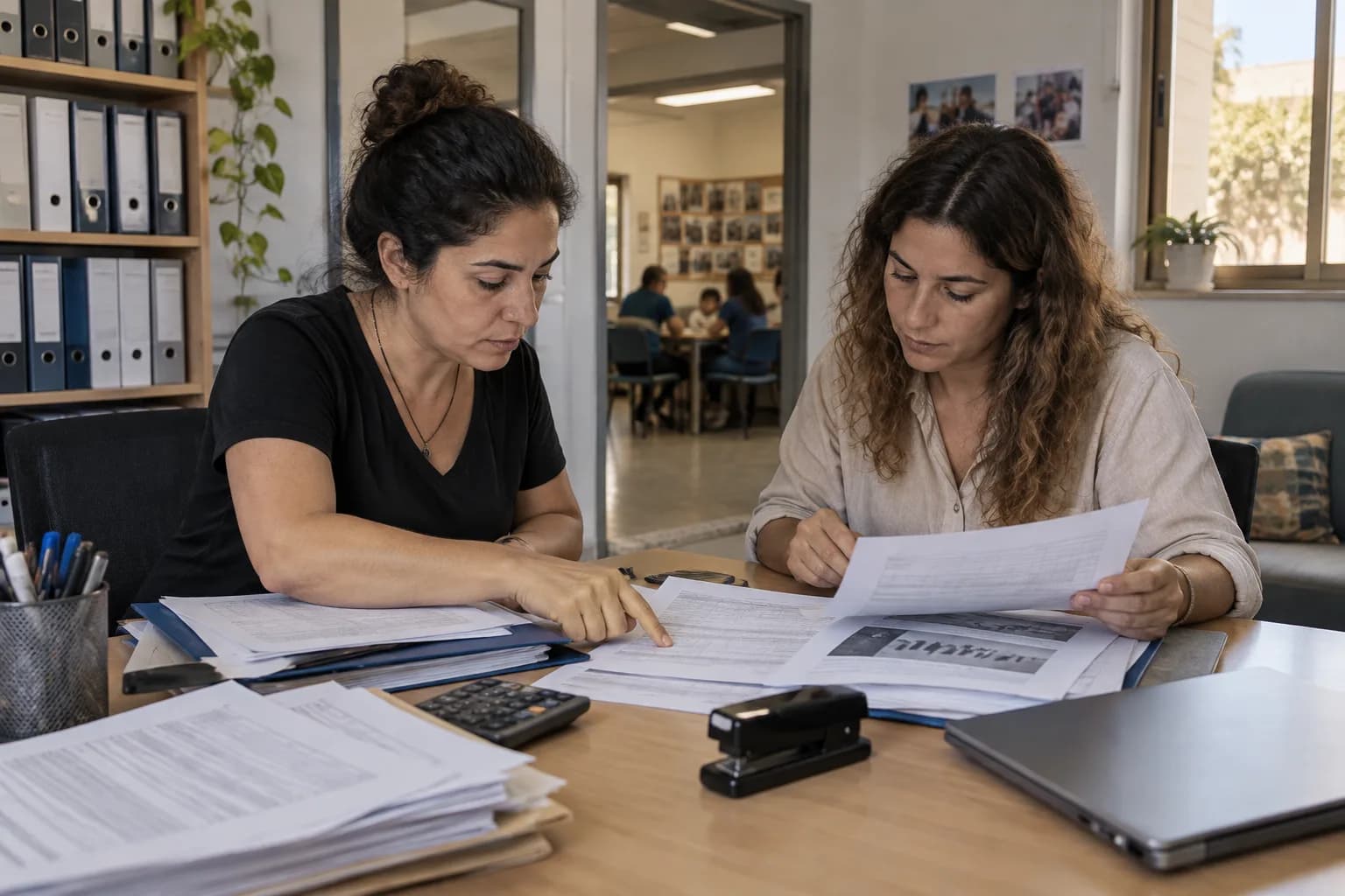 רכזי עמותה משווים טופס בקשת מימון לדוח פעילות ולתקציב במשרד קהילתי