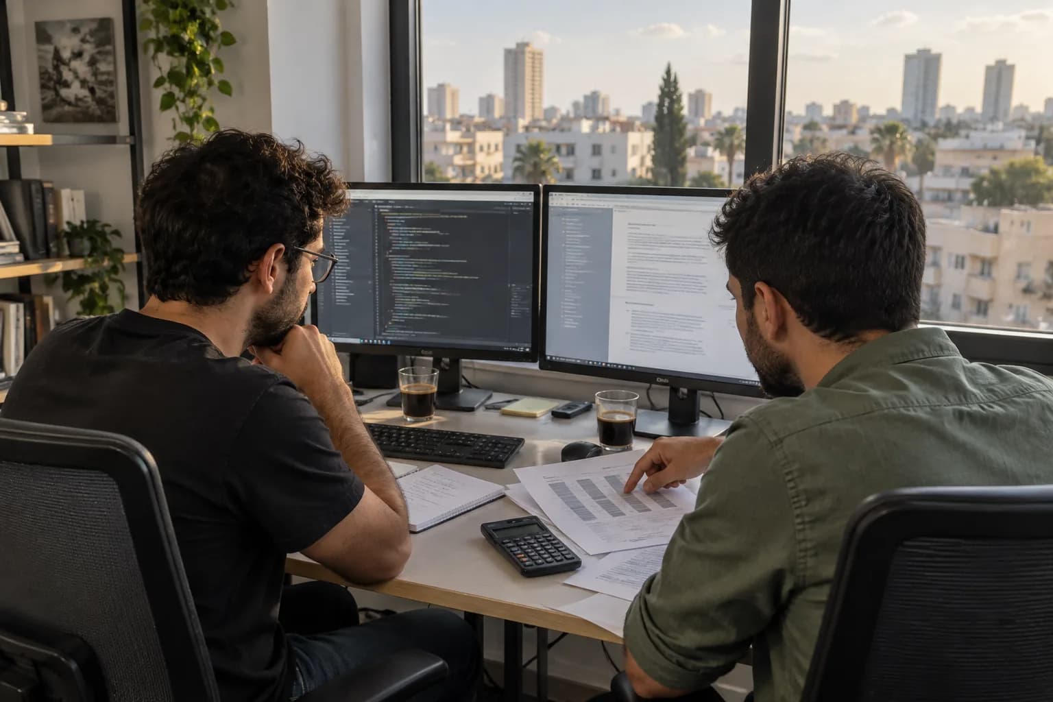 צוות פיתוח במשרד בתל אביב משווה תוצרי AI בשני מסכים לצד דפי בדיקה ומחשבון