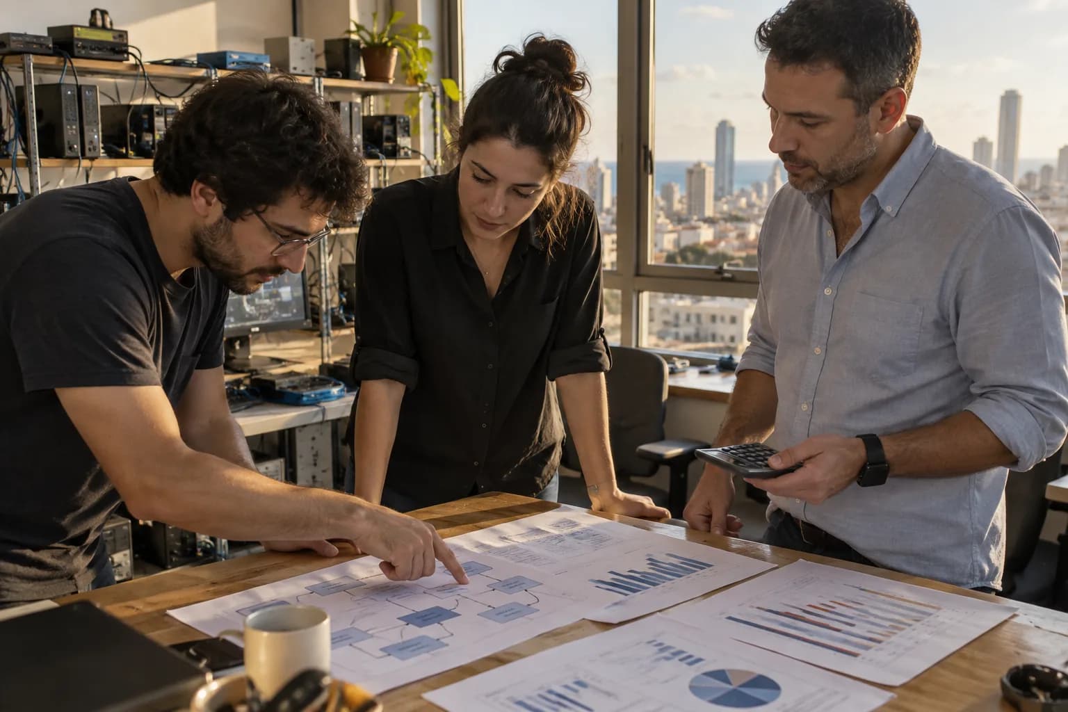 צוות בחברת תוכנה בתל אביב בוחן תרשימי עבודה וחישובי עלות סביב שולחן בדיקות