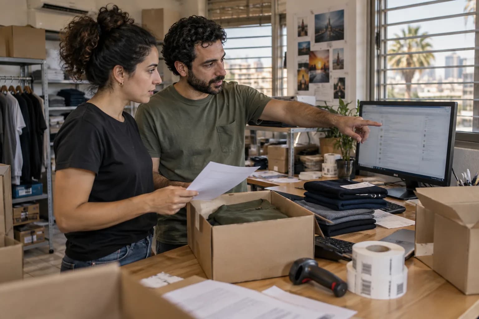 בעלת חנות מקוונת ועובד בוחנים פניות לקוחות ליד עמדת אריזה בעסק קטן בתל אביב